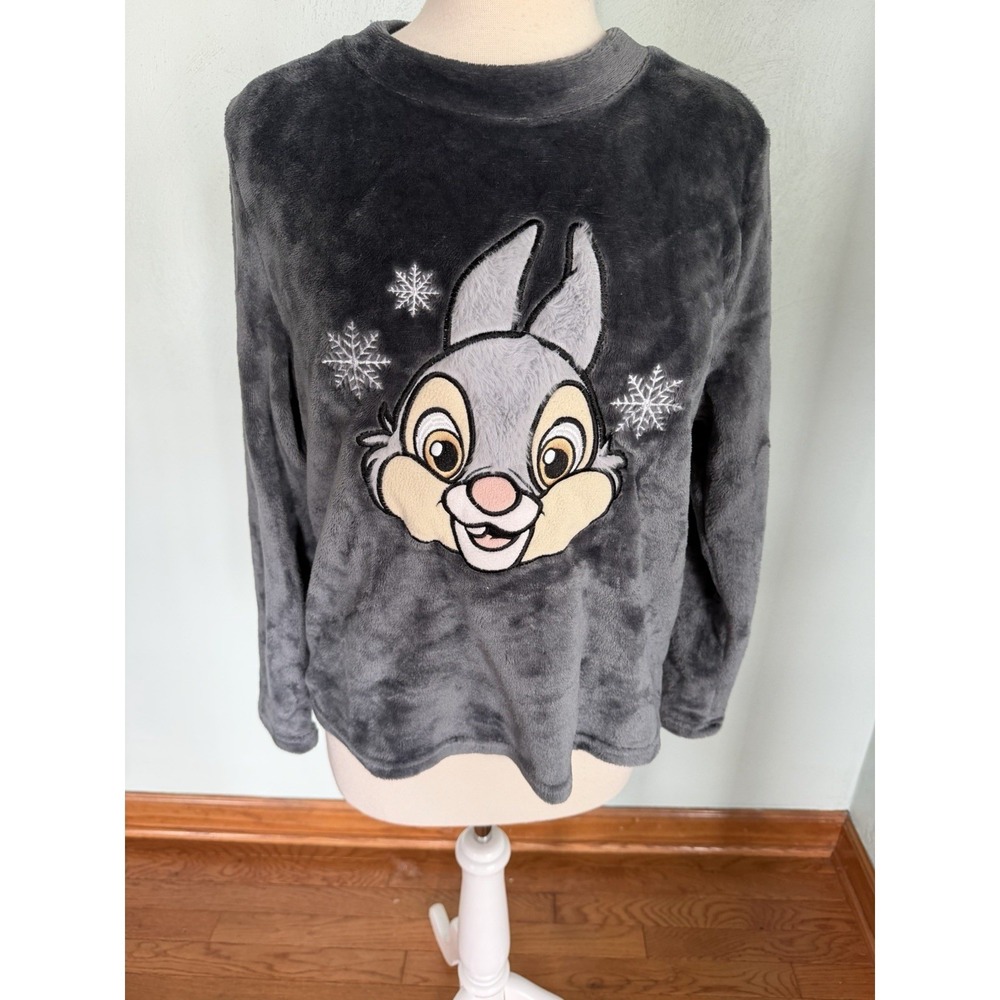 Disney 100 Thumper Plush Gray Fleece Faux Fur Long-Sleeve athleisure Top 12-14 L